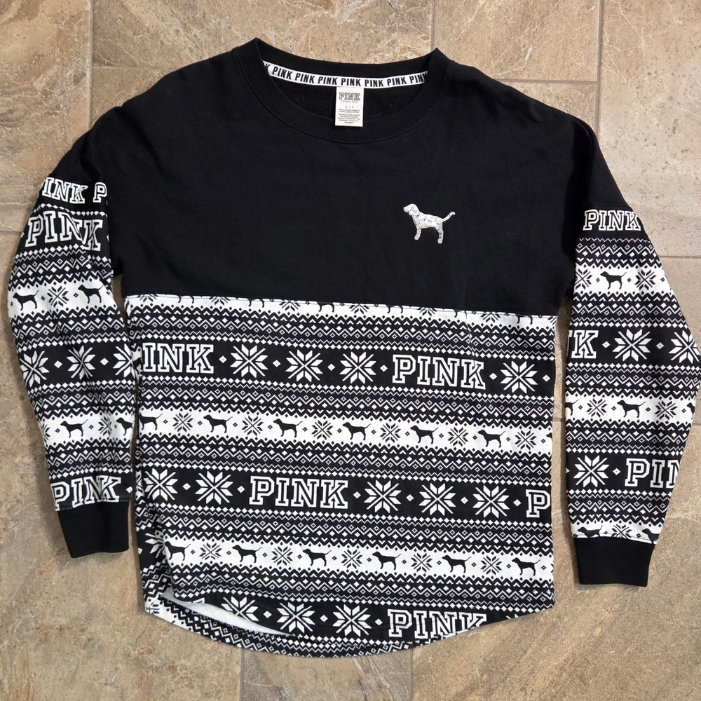 Pink Victorias Secret Fair Isle Sequin Dog Logo Sweatshirt Black White S Holiday
